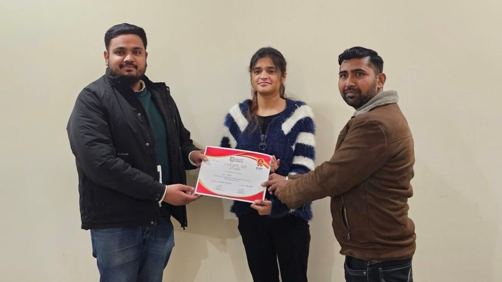 Digital marketing certificate awarded to student at Rocket Growth Ambala
