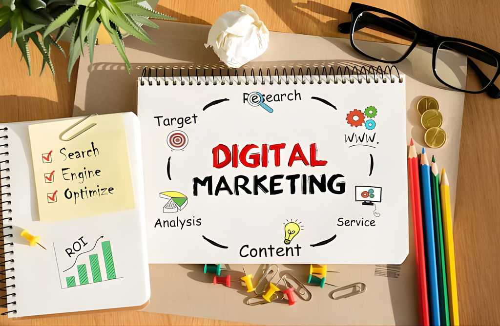 Digital marketing concept showing SEO, research, content, and ROI